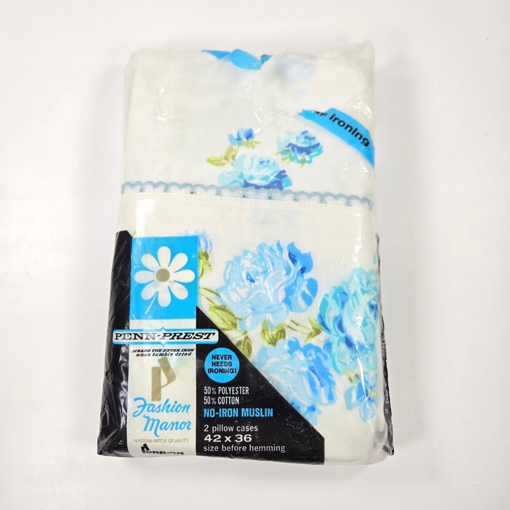 Vintage Penneys Fashion Manor Blue Floral Rose Pillowcases 2pk Scalloped Lace